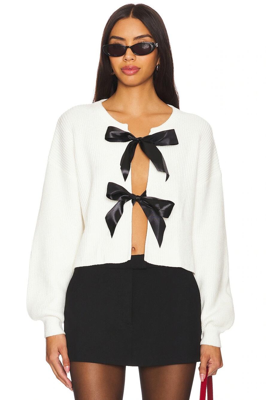 More To Come Darlene Bow Cardigan Ribbed Knit Coquette Cozy Work Fall Winter XS